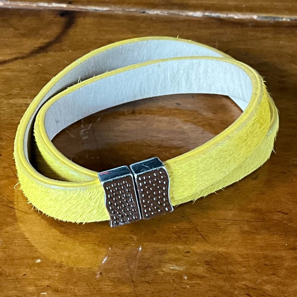 Rustic Cuff Sunshine Yellow Calfhair Leather Double Wrap Magnetic Clasp Bracelet